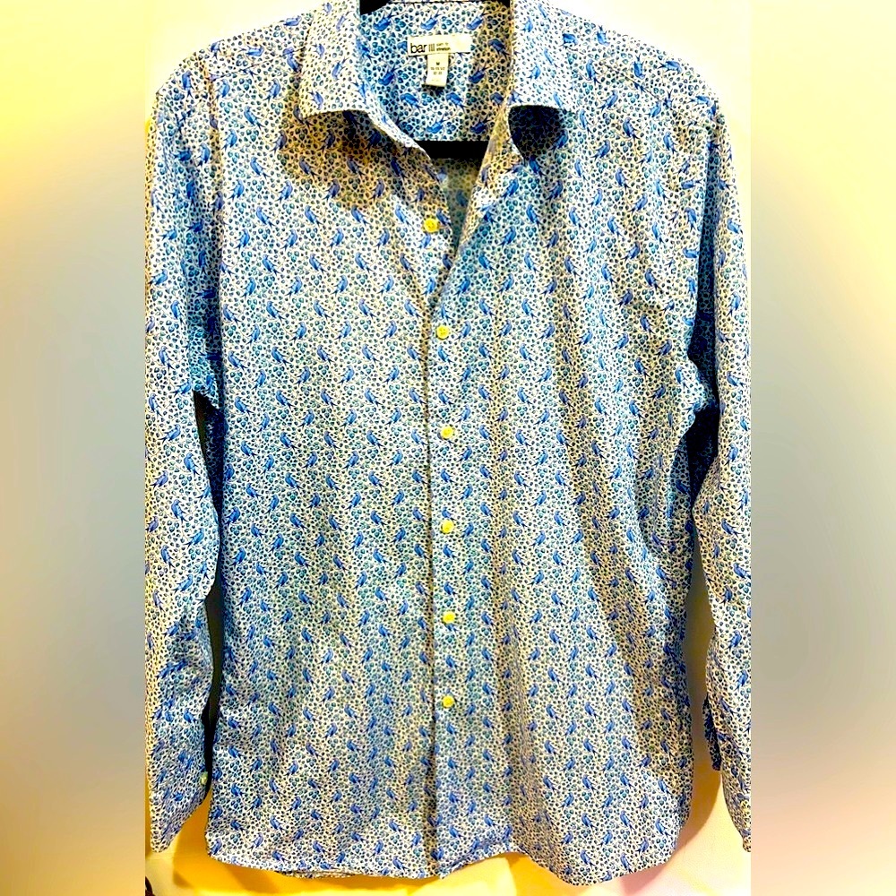 Bar III Men Slim Fit Stretch Blue Birds Print  Long Sleeve Shirt Size M